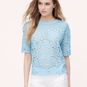 LOFT Light Blue Floral Crochet Mesh Crop Top